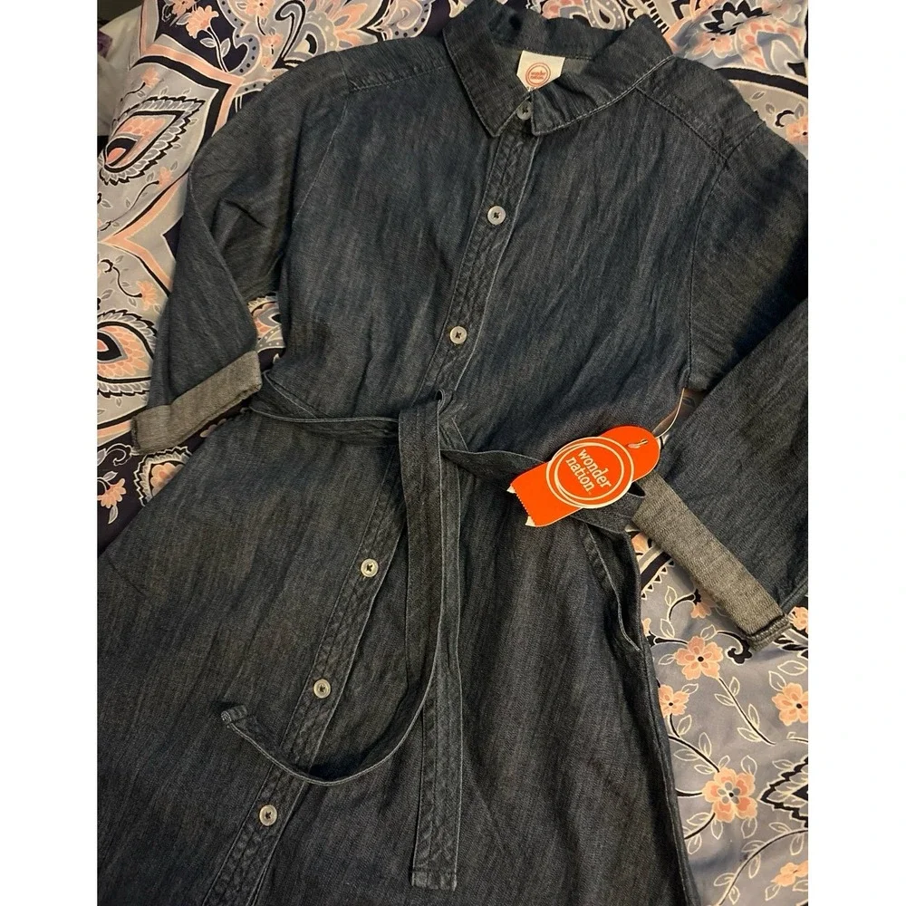 NEW Wonder Nation Girls Belted Buttonup Denim Fit‎ & Flare Dress, 6/6X